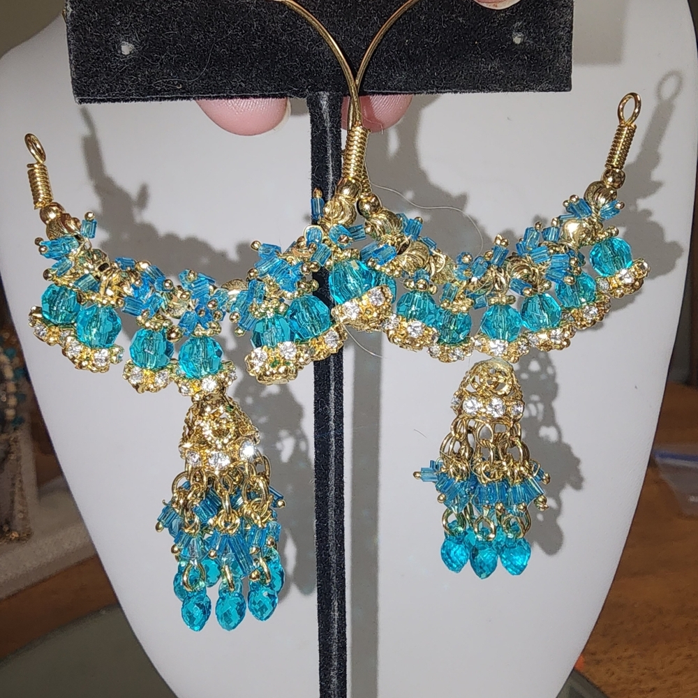 Jhumpka Blue Beaded and Goldtone Dangle Hoop Pierced Earrings - Picture 2 of 5